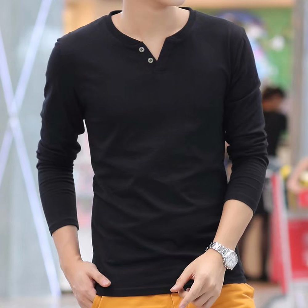 V-neck Button Long-sleeved T-shirt Slim Fit Casual Solid Color Bottoming Shirt Top