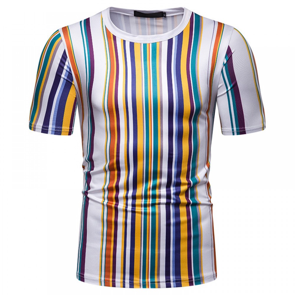 New Summer Men's Short-Sleeved T-Shirt Contrast Striped Slim Casual T-Shirt